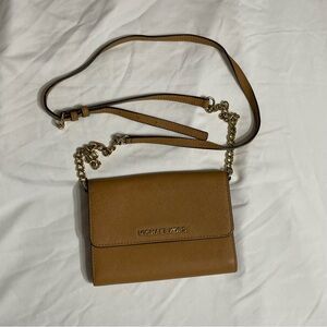 Michael Kors Tan Crossbody Bag with Gold Chain Accents, adjustable Strap.